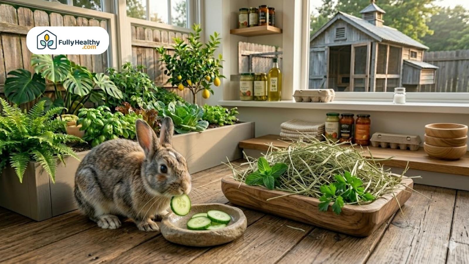 Rabbit eating cucumber slices near hay and herbs in indoor garden