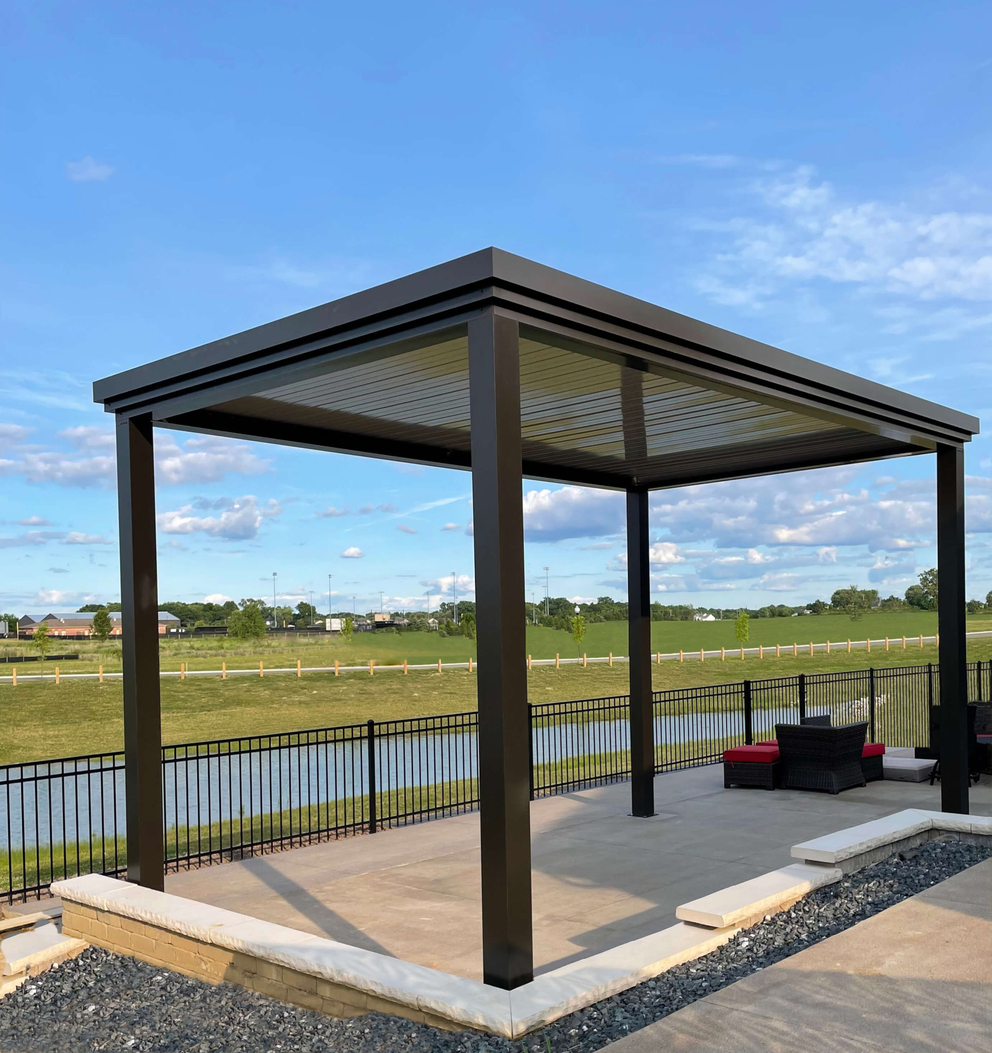 Bronze Pergola Posts And Frame To Stone Louvers