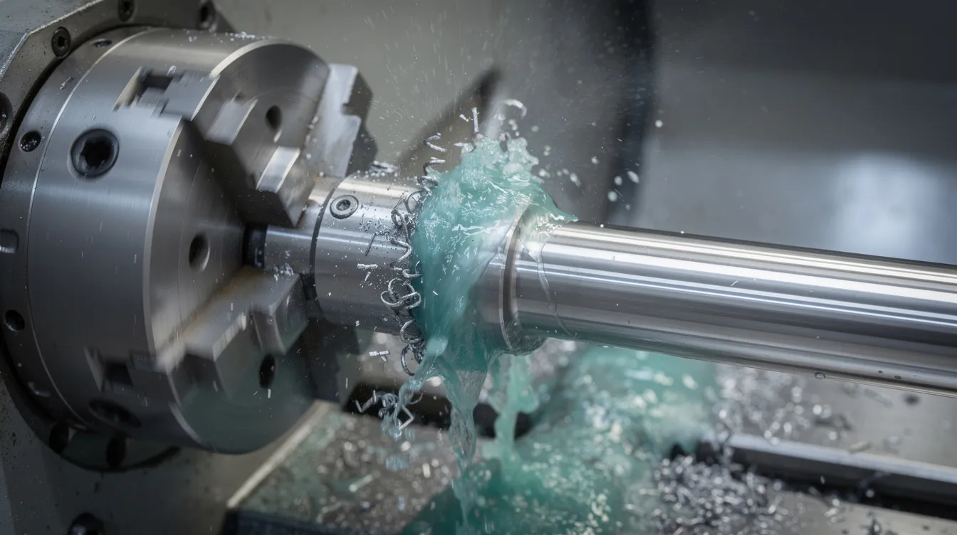 A CNC lathe is actively turning a steel shaft, with coolant flowing over the cutting insert to enhance precision and efficiency during the operation. This modern manufacturing equipment illustrates the capabilities of computer numerical control (CNC) machines in shaping hard materials.