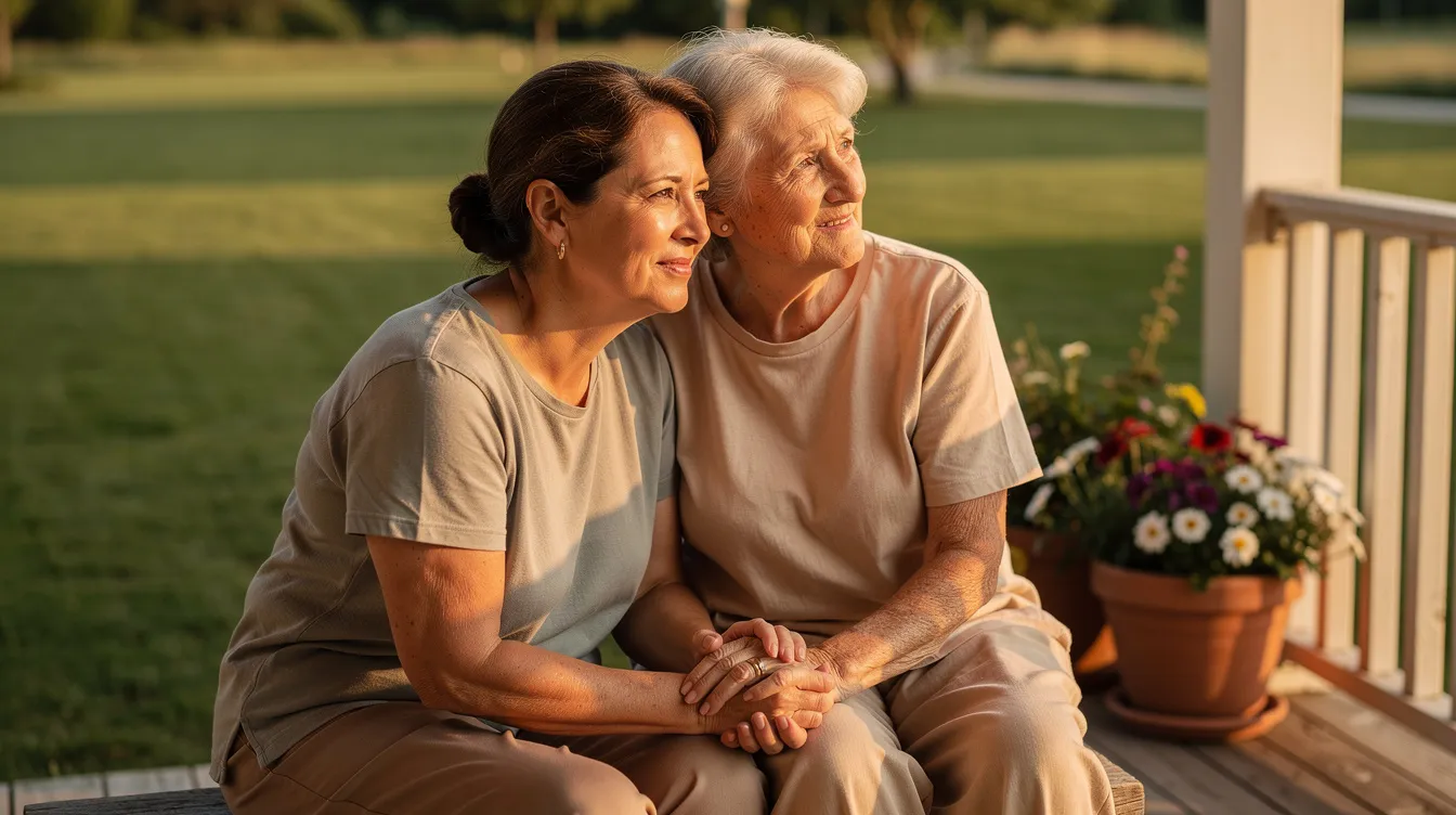 A middle-aged woman and her elderly mother sit together on a sunny porch, holding hands and enjoying the view of a green yard. This image represents the emotional bond between family caregivers and their loved ones, highlighting the importance of family caregiver support programs for those providing care to older relatives.