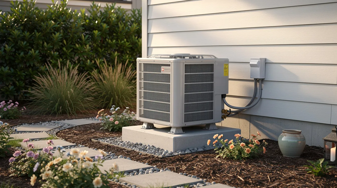 The image depicts a residential outdoor air conditioning unit nestled next to a beautifully landscaped garden, showcasing an energy efficient HVAC system that blends seamlessly into the home's exterior. The surrounding greenery enhances the lifestyle appeal, highlighting the importance of maintaining a comfortable environment while emphasizing energy savings and optimal system efficiency.