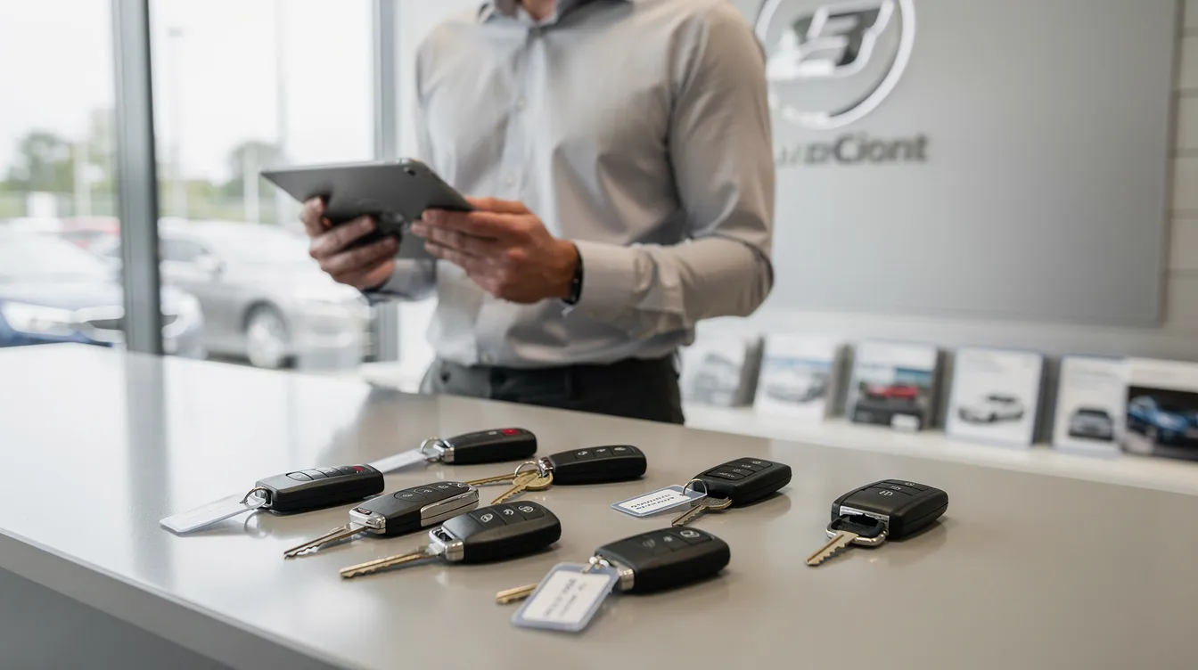 Une personne utilise une tablette dans un bureau d'agence de location de voitures, tandis que des clés de véhicules sont posées sur le comptoir, illustrant le processus de réservation et de gestion de location. L'environnement reflète une activité professionnelle dédiée à la location de véhicules.