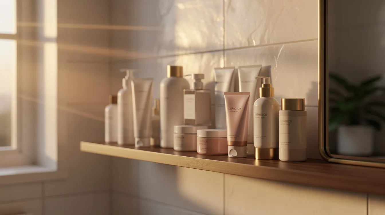 The image features a bathroom shelf adorned with an array of skincare products, including bottles and tubes, all neatly arranged under the warm glow of evening light filtering through a window. This serene setup suggests a focus on an anti-aging skincare routine, ideal for addressing concerns like fine lines, uneven skin tone, and the overall health of the skin.