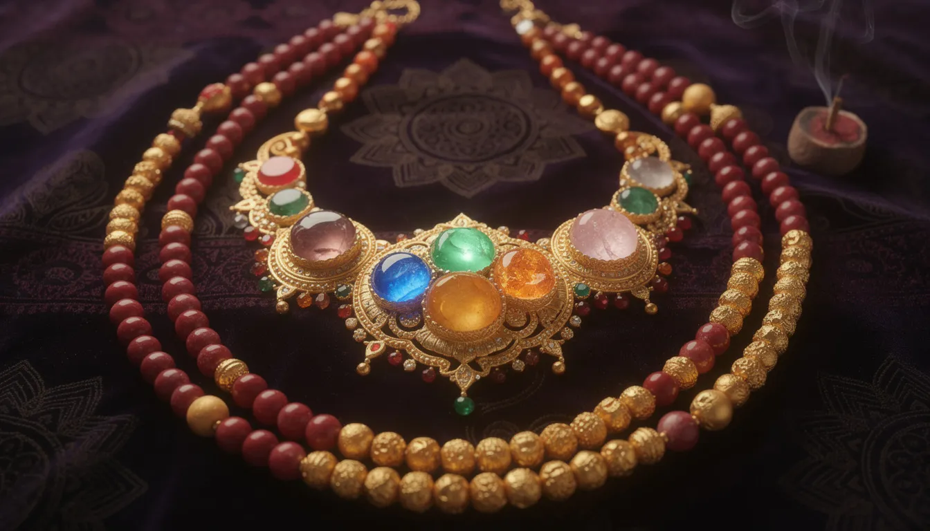 The image features a beautifully crafted Indian beaded necklace adorned with vibrant red and gold beads, symbolizing vitality and prosperity. This elegant piece showcases intricate designs, perfect for elevating any outfit, and is complemented by matching earrings, embodying sophistication and charm.