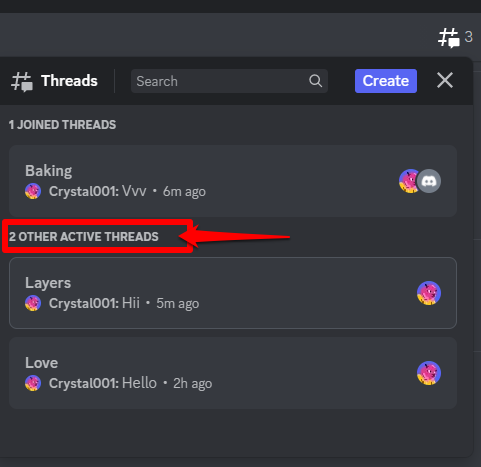 Screenshot showing the other active threads category menu on Discord