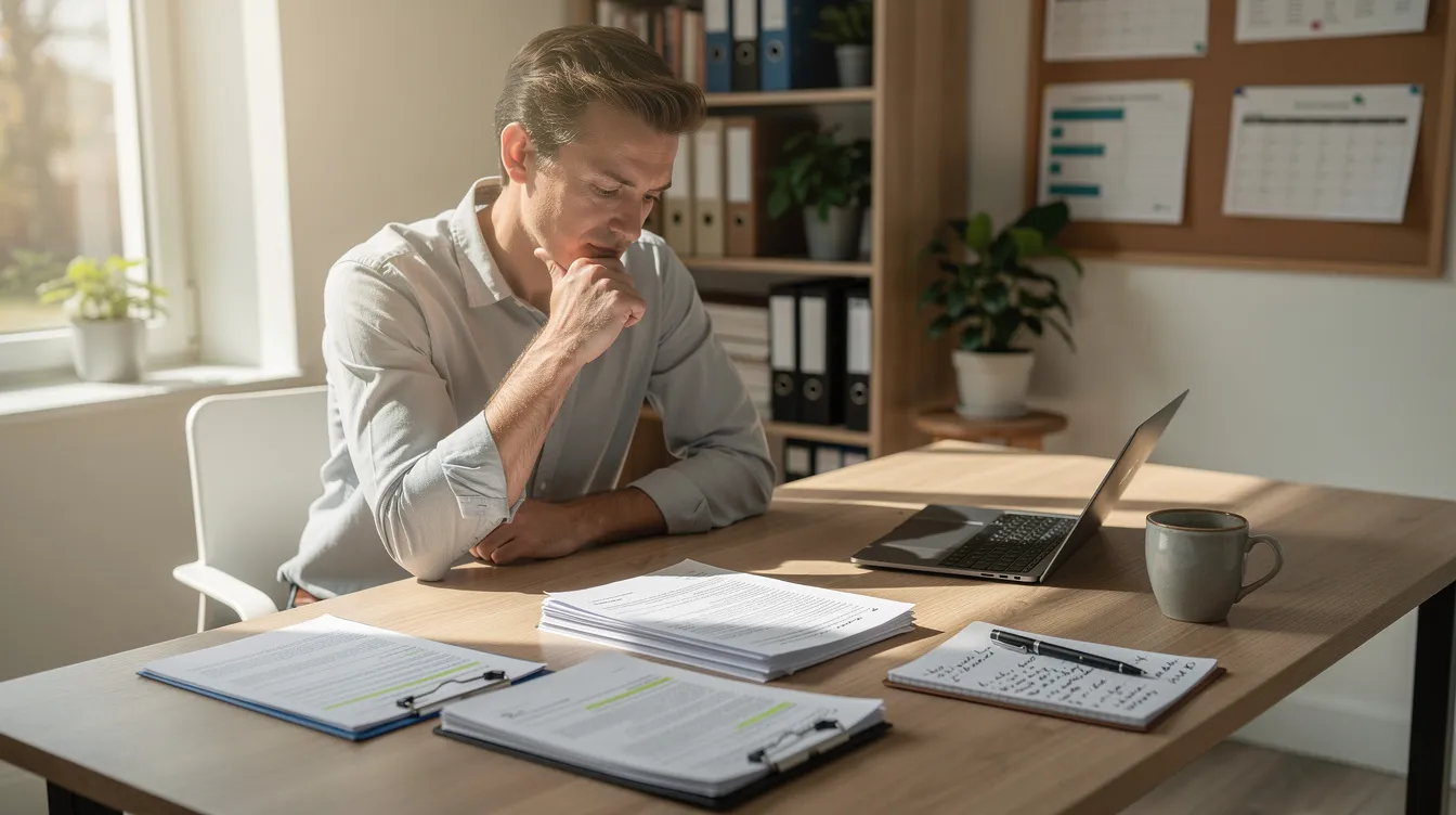 A small business owner is seated at a desk in a sunlit office, intently reviewing paperwork. The scene reflects the diligence required in navigating the complexities of California's antitrust laws, highlighting the importance of fair competition for small businesses.