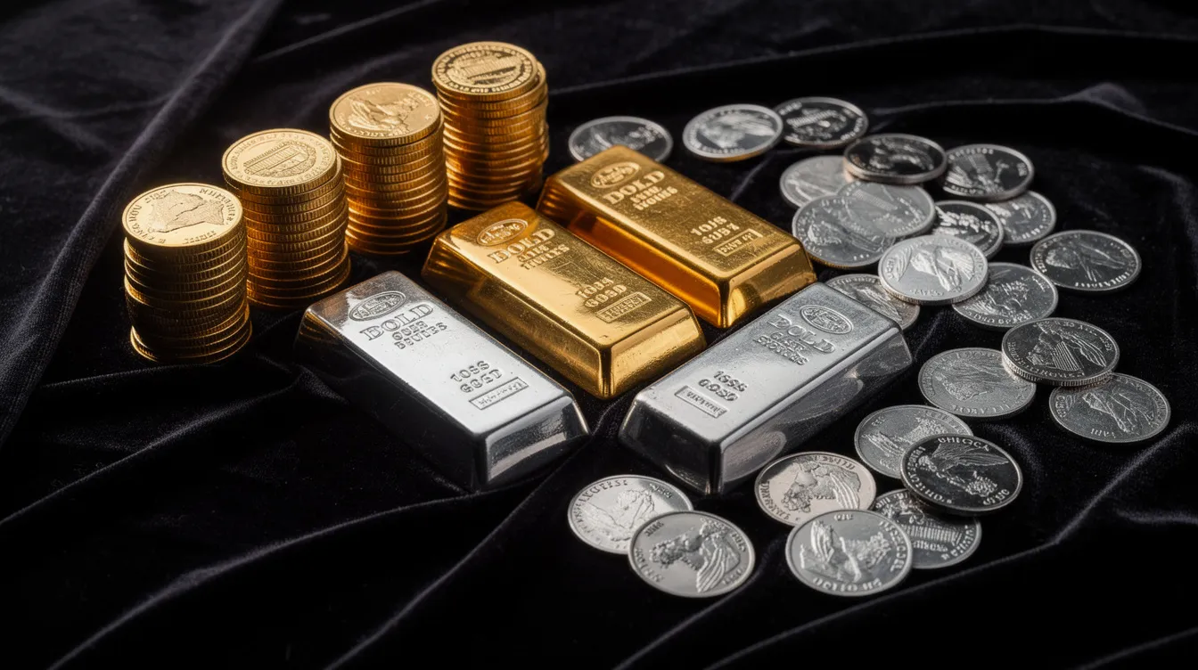 The image features an elegant arrangement of gold and silver coins and bars placed on a rich dark velvet surface, highlighting the allure of physical precious metals. This visual representation underscores the importance of investing in gold and silver products for retirement savings and diversifying one's precious metals IRA account.