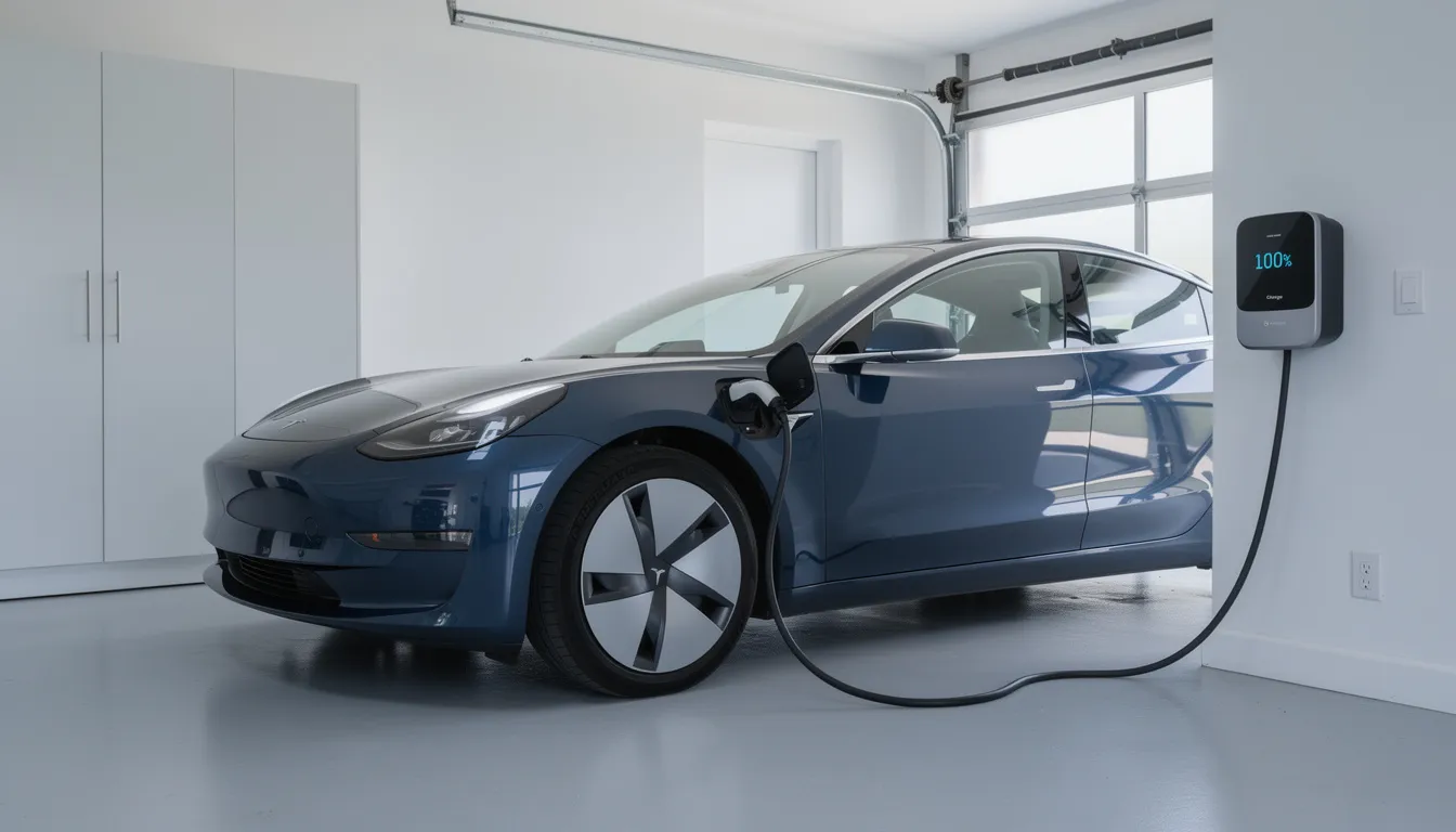Une voiture électrique est branchée sur une borne de recharge murale dans un garage résidentiel moderne, mettant en avant l'installation d'équipements de recharge pour véhicules électriques. Le garage présente un design contemporain, soulignant l'importance de la mobilité durable et des solutions de recharge à domicile.