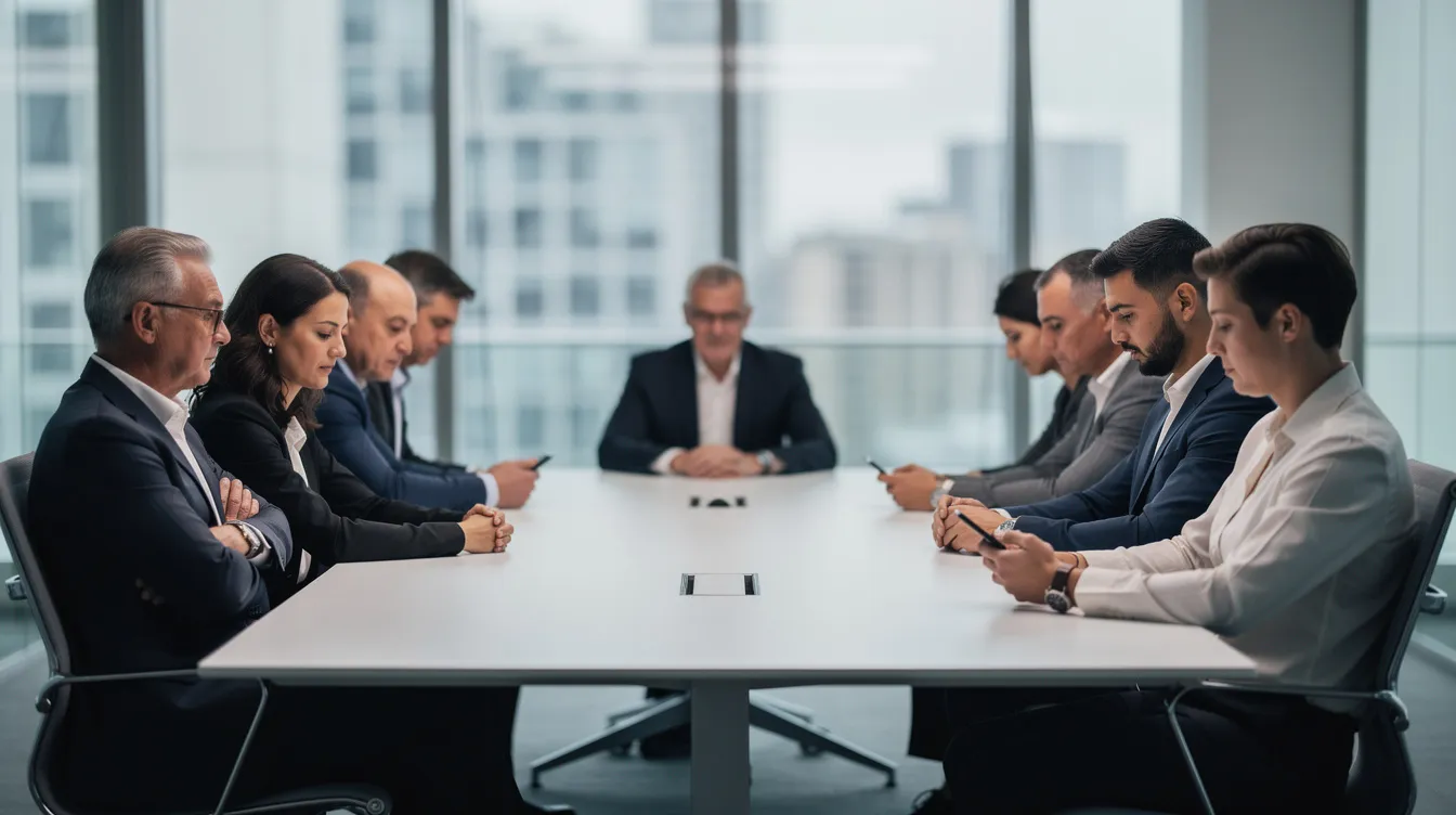 L'image montre un groupe de professionnels assis autour d'une grande table de réunion, illustrant une atmosphère de tension silencieuse. Certains membres de l'équipe, les bras croisés, semblent réfléchir, tandis que d'autres consultent leur téléphone, soulignant les enjeux de la performance et de la communication au sein de l'entreprise.
