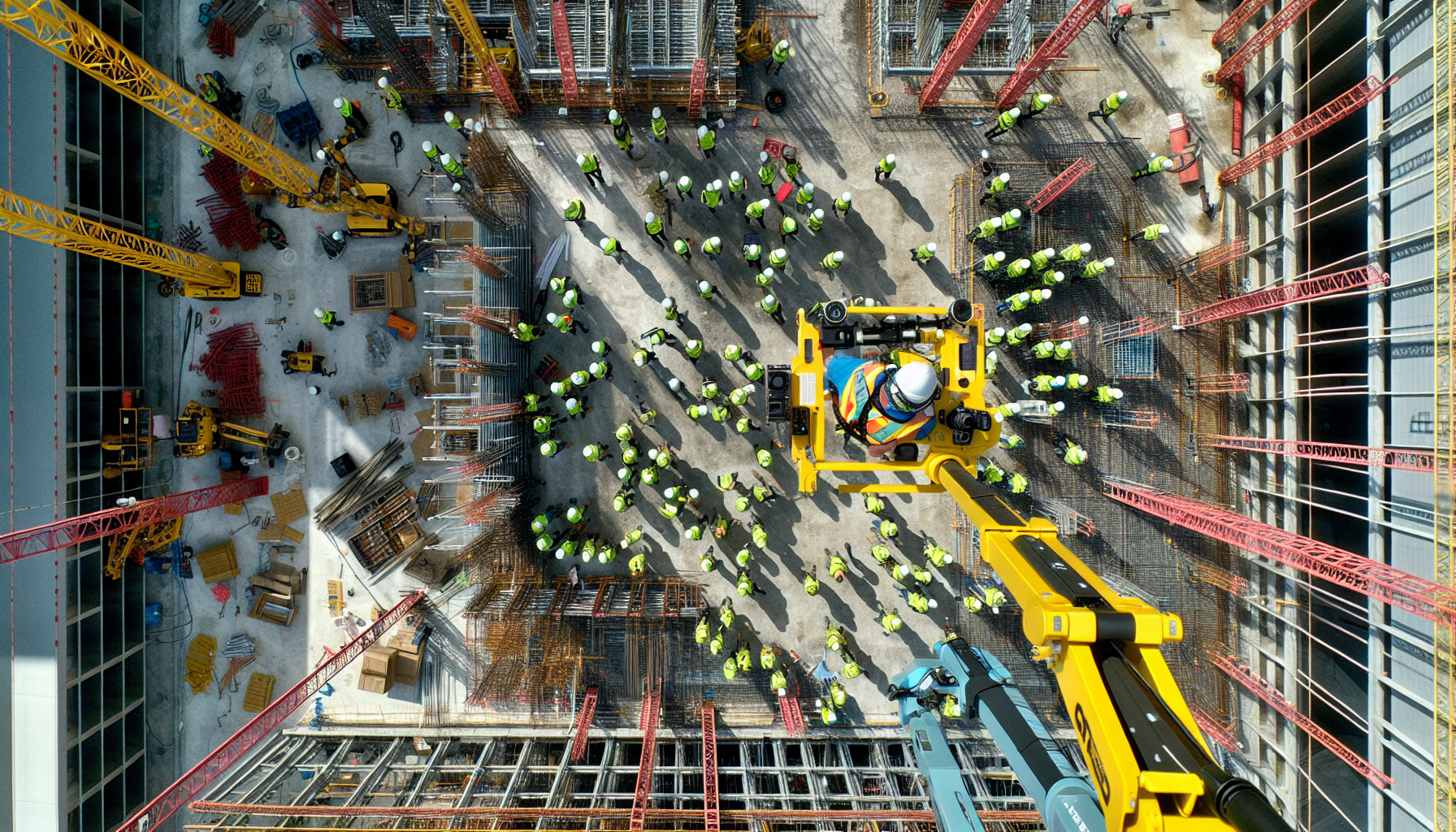 Aerial view of a construction site with drones flying overhead