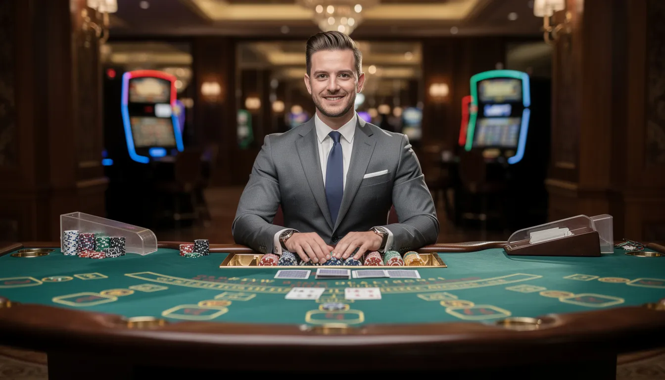 En professionell dealer står vid ett casinobord med grönt tyg, redo att leda spelet i ett live casino. Bordet är fyllt med spelmarker och kort, vilket skapar en spännande atmosfär för spelare som vill njuta av spelupplevelsen hos Happy Casino.