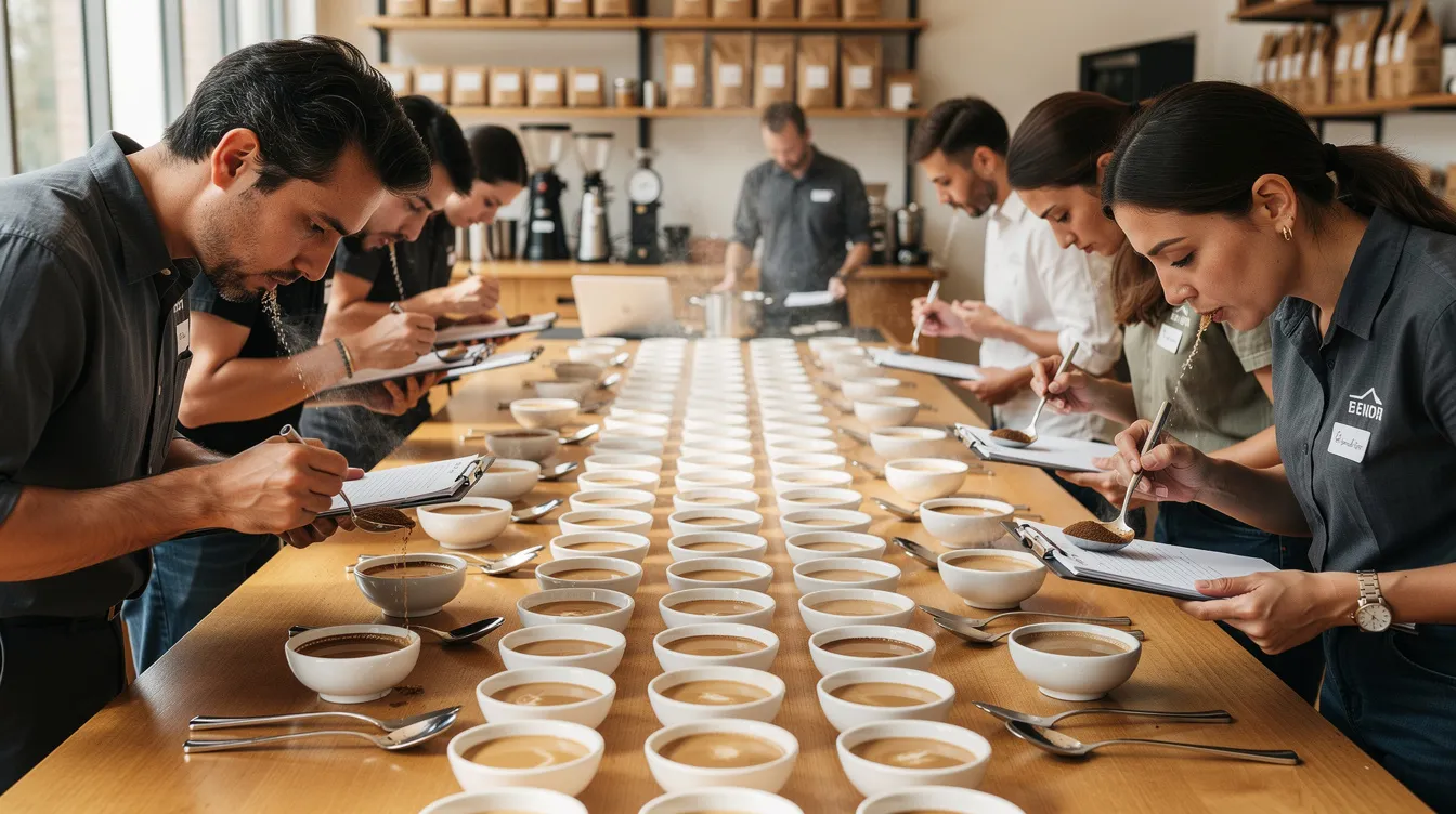 Un grupo de expertos catadores evalúan café en una sesión profesional de cupping, utilizando tazas blancas y cucharas para analizar el aroma, sabor y acidez de diferentes muestras. La escena refleja la atención al detalle y la técnica en el proceso de cata de café de especialidad.