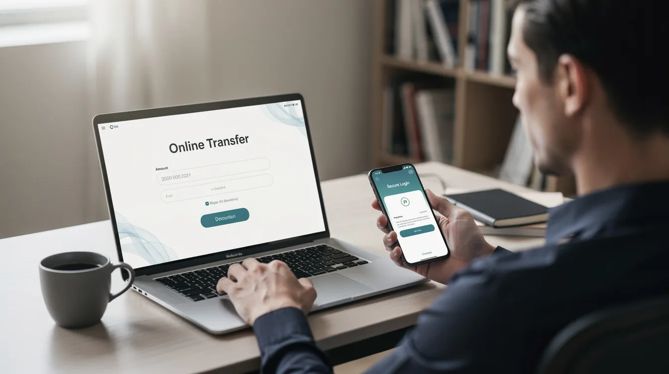 A person is seated at a desk, focused on a laptop and smartphone, as they make an online money transfer, likely sending funds from their bank account in Ghana to a recipient in Nigeria. The scene emphasizes the ease of digital payments and the use of technology for financial transactions.