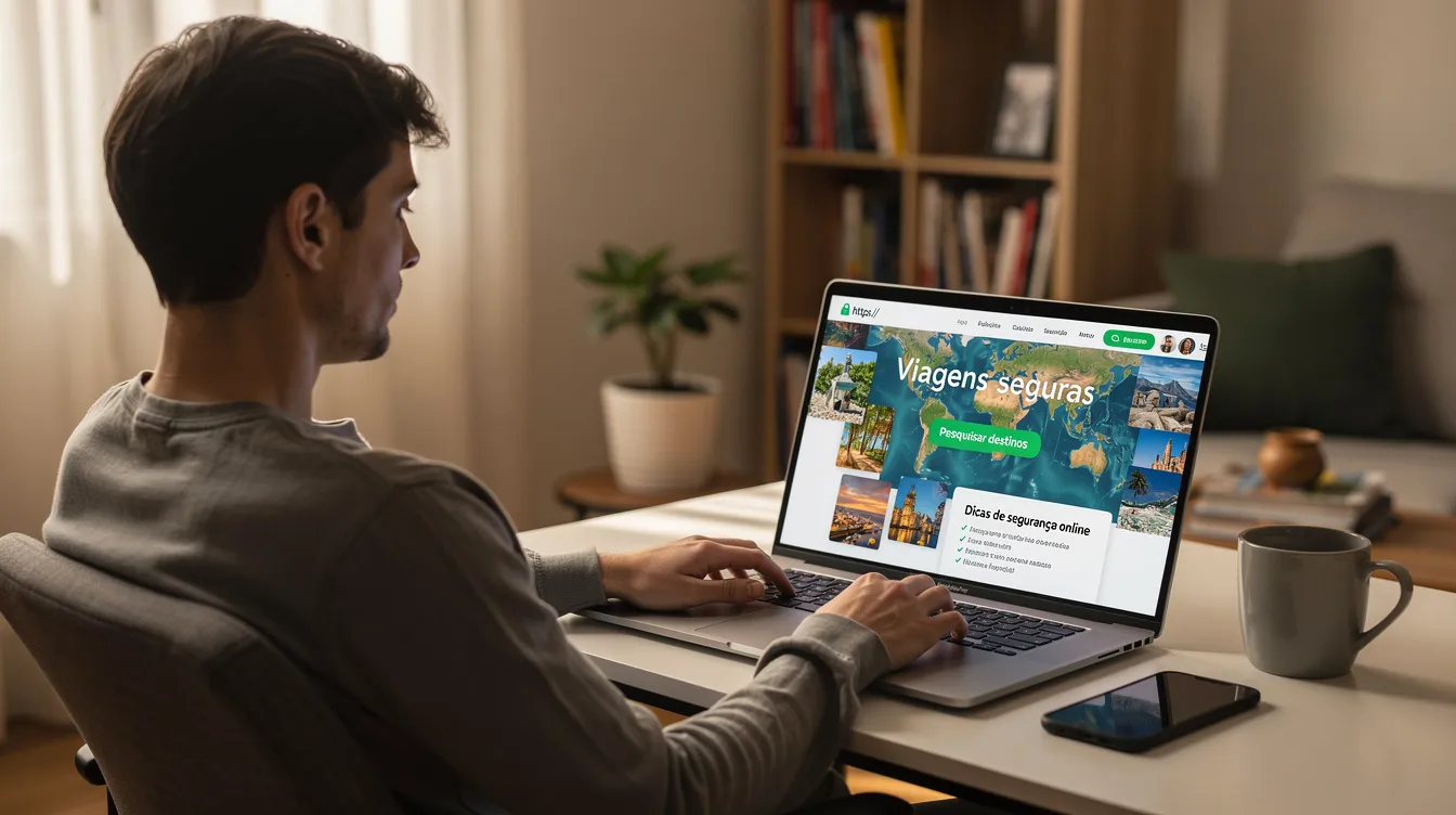 Uma pessoa está sentada em casa, usando um notebook para pesquisar viagens de forma segura, analisando informações sobre destinos e preços em sites confiáveis. A imagem transmite a ideia de confiança e segurança na busca por ofertas e serviços de turismo.