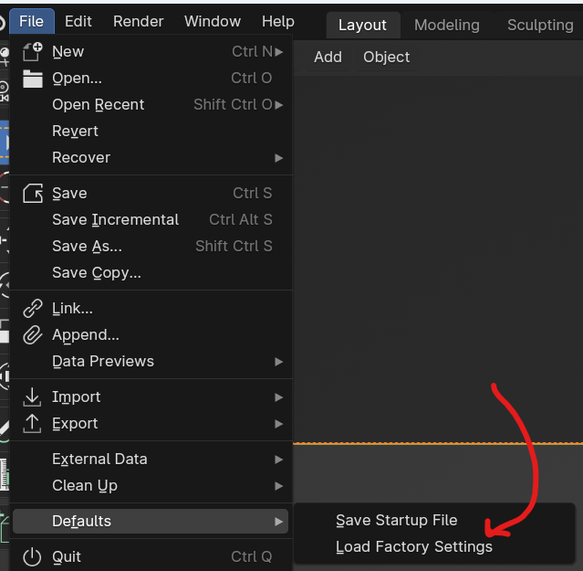 File>Defaults>Load Factory Settings