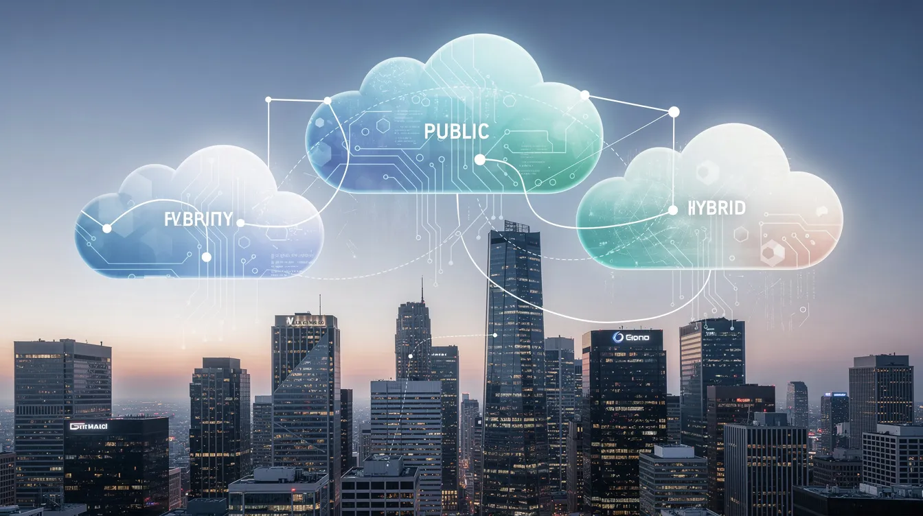 The image depicts abstract interconnected cloud shapes floating above a city skyline, symbolizing various cloud deployment models such as public, private, and hybrid clouds. This visual representation highlights the benefits of cloud computing and the diverse cloud computing services offered by different cloud providers.
