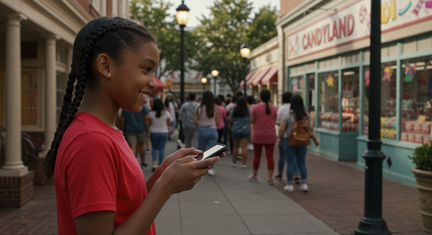 A young girl ordering BUBS Swedish candy online while people wait in lines outside a candy shop