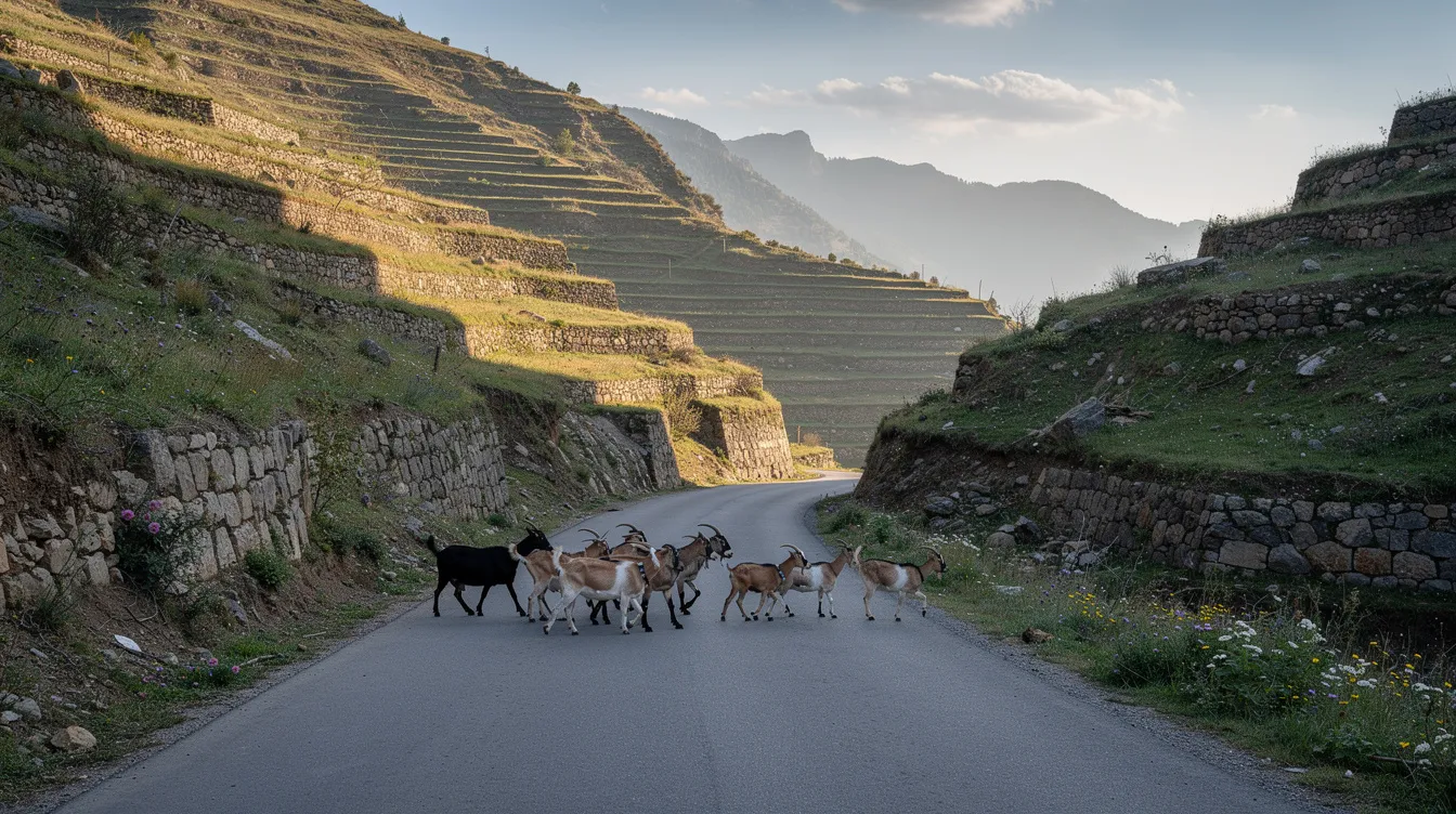 Un rebaño de cabras cruza una estrecha carretera de montaña entre laderas en terrazas.