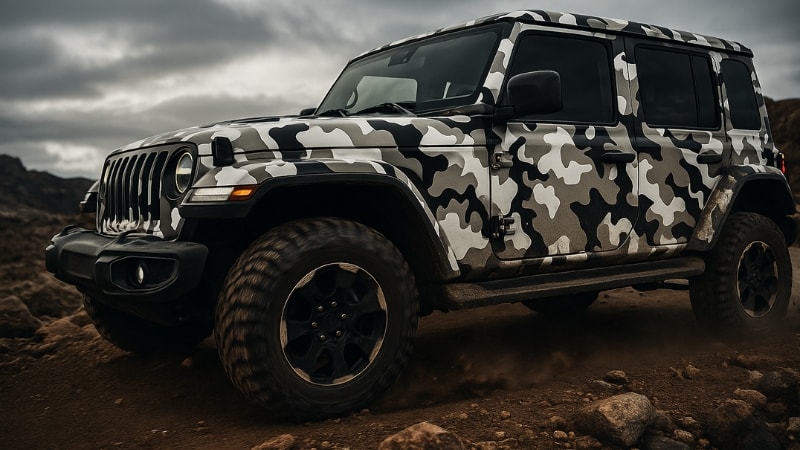 A jeep wrapped in camouflage wrap