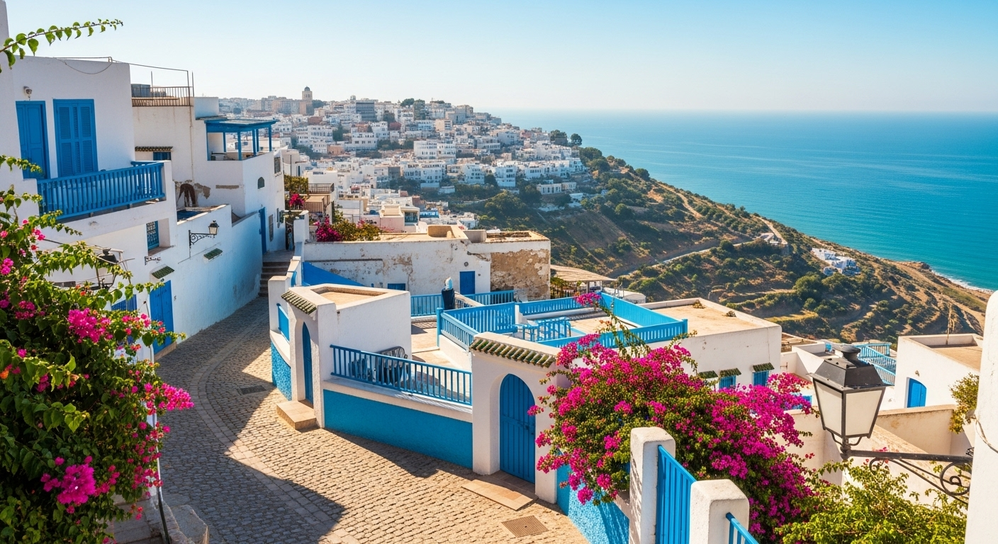 Scenic view of Sidi Bou Said in Tunis, Tunisia, with white-and-blue houses, cobblestone streets, blooming bougainvillea, and the Mediterranean Sea stretching to the horizon on a bright sunny day.