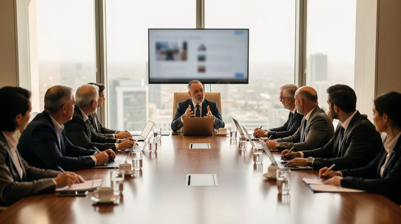 Das Bild zeigt ein Geschäftstreffen, bei dem mehrere Teilnehmer um einen Konferenztisch sitzen und angeregt über die Sicherheit von CBD als neuartiges Lebensmittel diskutieren. Auf dem Tisch liegen Unterlagen, die sich mit der EU-Verordnung und der Bewertung von CBD-Produkten befassen.