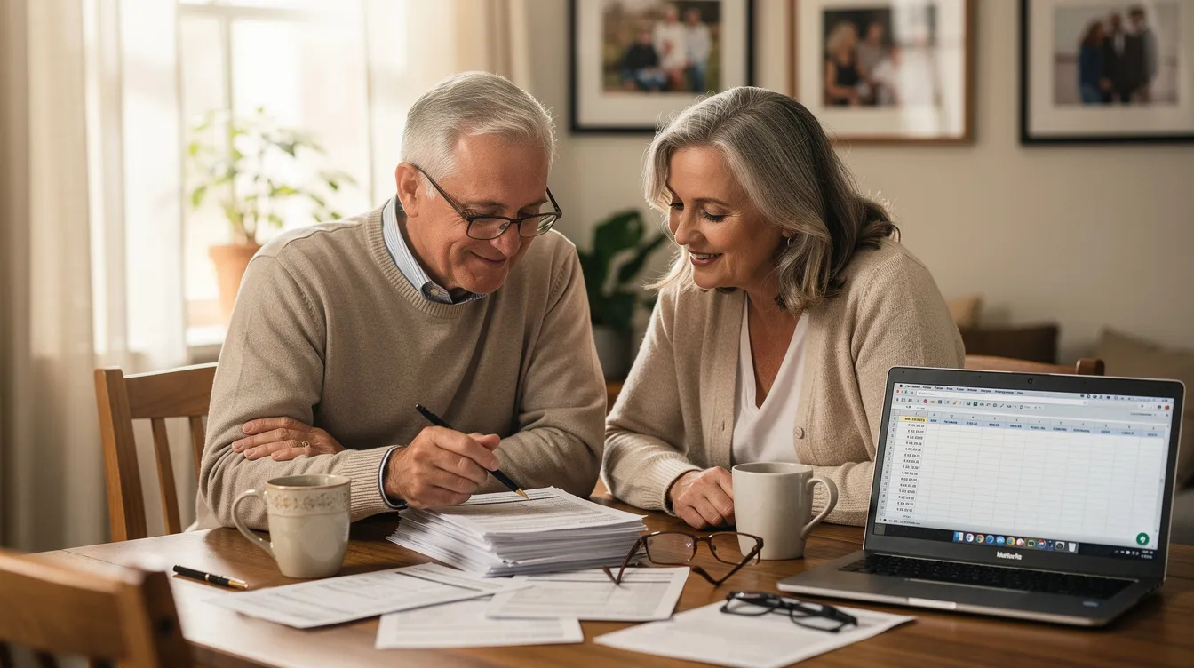 A retired couple is sitting together at their dining table, reviewing travel documents, which likely include details about their trip cancellation coverage and other travel insurance plans. They appear focused and engaged, discussing important aspects such as trip costs and potential emergency medical coverage from John Hancock travel insurance.
