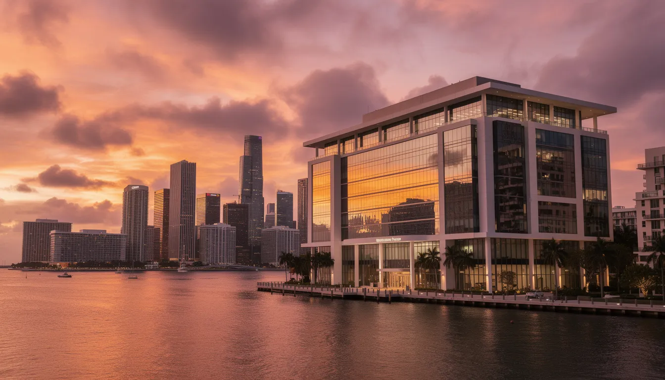 The image showcases the Miami skyline at sunset, with vibrant hues of orange and purple illuminating the sky, while a modern professional building stands prominently in the foreground. This urban scene reflects the dynamic atmosphere of Miami, a city where families may seek legal help for issues such as cerebral palsy cases and medical malpractice.