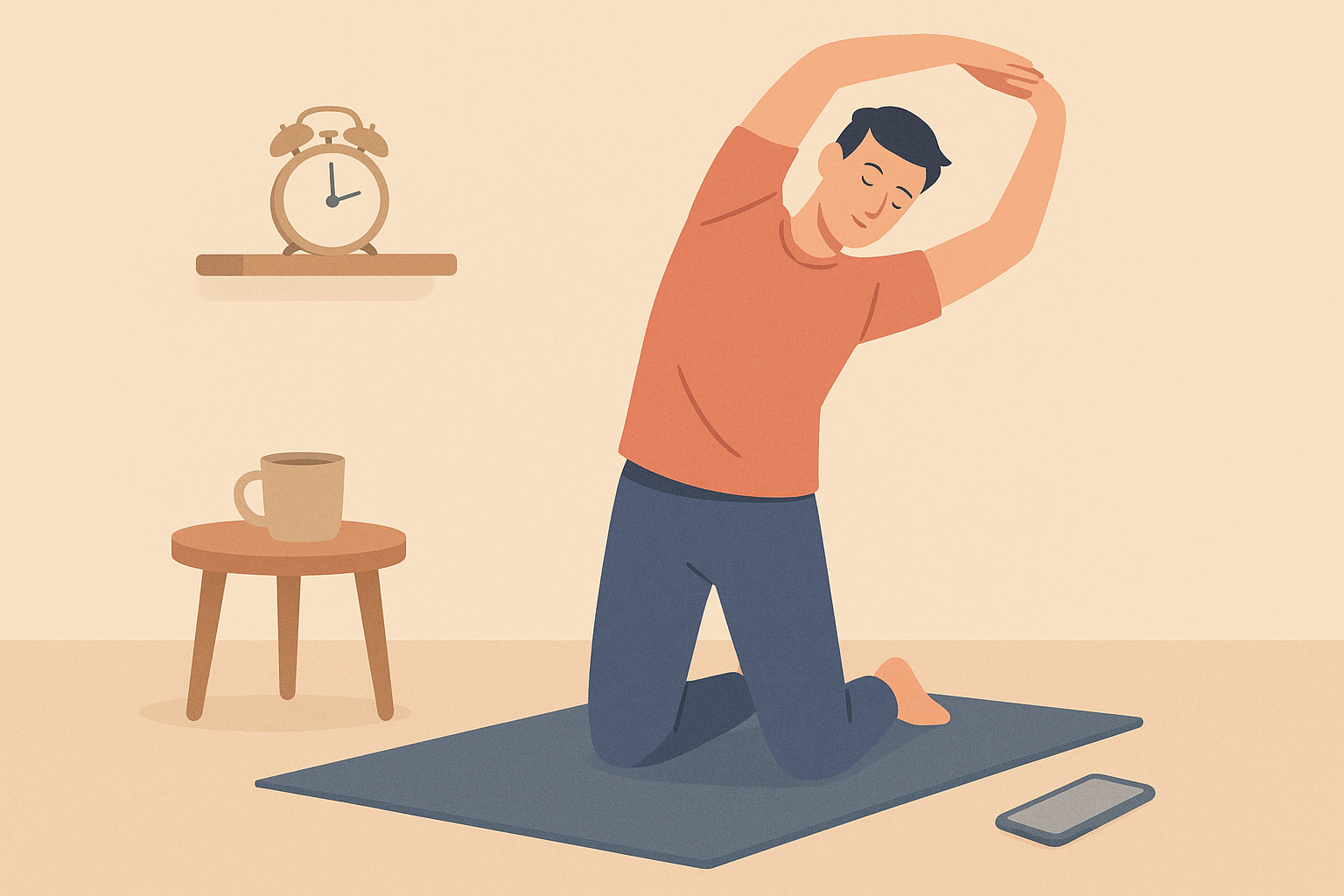 A person stretches on a yoga mat next to an alarm clock, coffee mug, and silent phone, illustrating how a daily routine in personal time supports well-being and work-life balance.