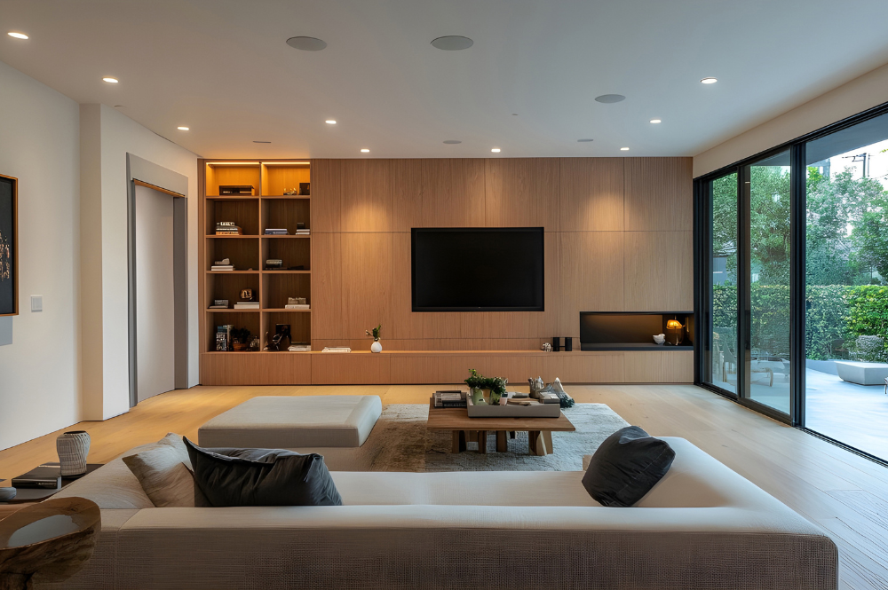 Modern living room featuring wooden paneling and a large television, designed by a residential architect in Folsom, CA.
