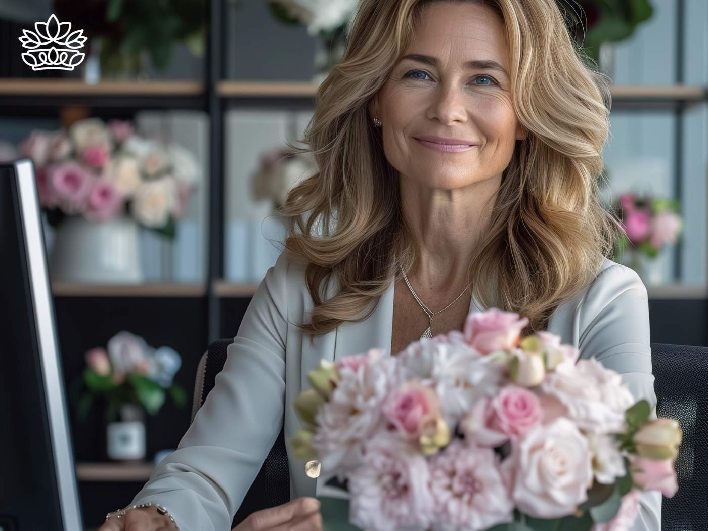 Smiling CEO with a bouquet of fresh roses in soft pinks and greens, perfect for a vibrant office atmosphere, complete with delicate mist droplets, from Fabulous Flowers and Gifts.