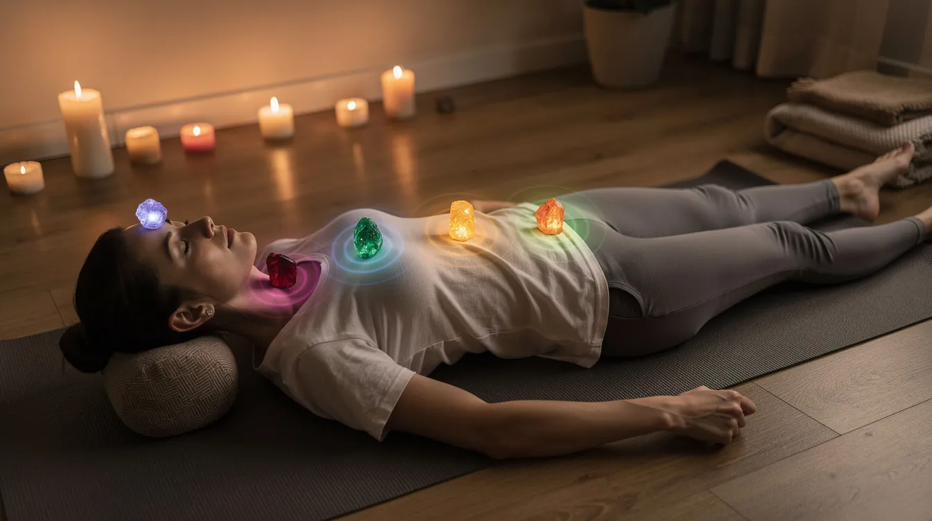 The image depicts a serene meditation scene where seven chakra stones, including rose quartz and lapis lazuli, are placed on the corresponding chakra points of a person lying down, starting from the root chakra at the base of the spine to the crown chakra at the top of the head. This arrangement symbolizes the balance of energy flow and emotional healing through crystal therapy, enhancing spiritual awareness and overall well-being.