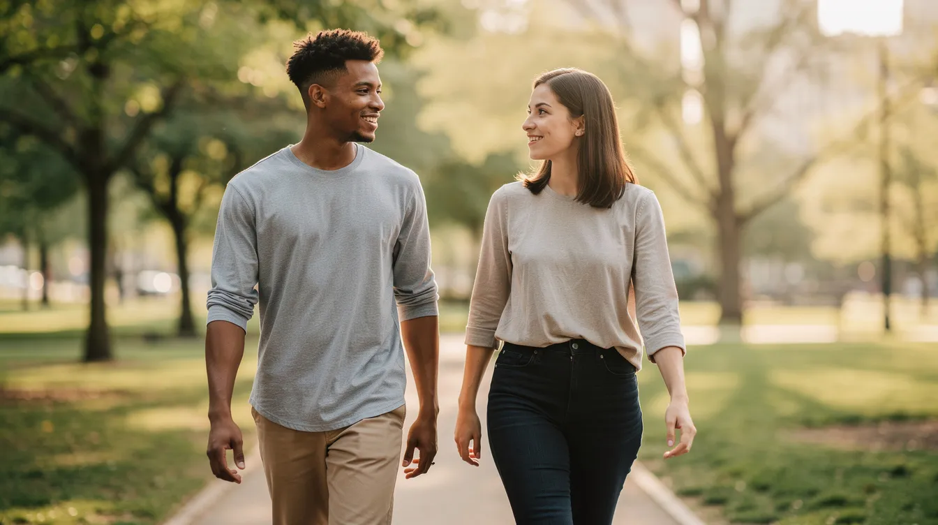 A diverse couple walks through a park, engaged in a genuine conversation that reflects their emotional connection and mutual respect. Their relaxed body language and eye contact suggest a thriving relationship, where they feel valued and supported while enjoying quality time together.