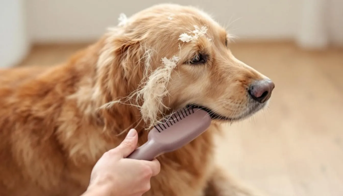 In the image, a dog is being gently brushed, with loose fur and white flakes of dandruff being removed from its coat, highlighting the importance of maintaining the dog's skin health and managing dry, flaky skin. The brushing helps to alleviate issues like dog dandruff and promotes a healthier coat by removing dead hair and skin cells.