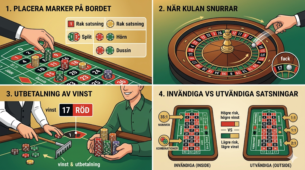 Roulette regler och satsningar – spela roulette online med marker på bordet, olika satsningar som split, street och hörn medan kulan snurrar i roulettehjulet