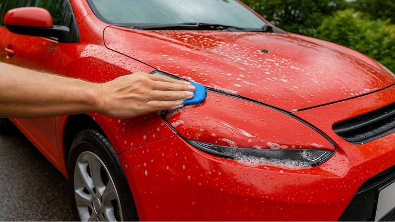 Degreasing a red car using clay bar