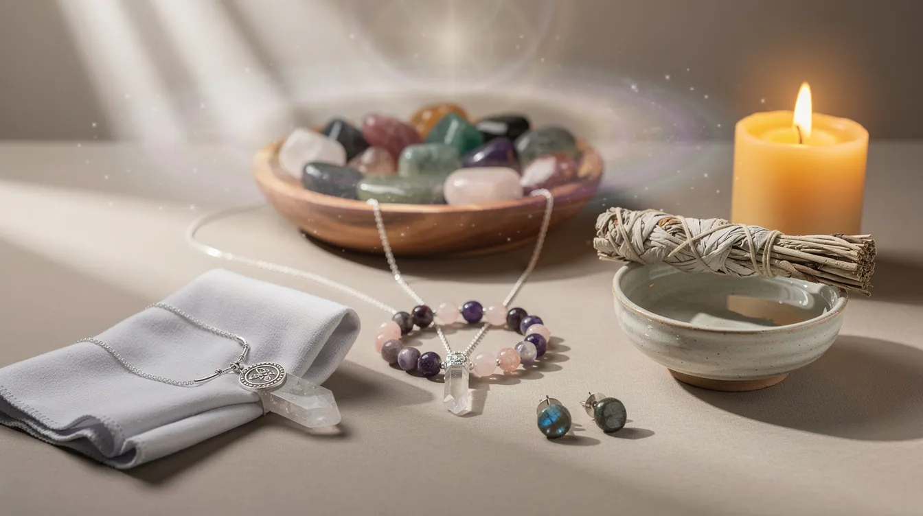 The image depicts a collection of beautifully handcrafted spiritual jewellery, including necklaces and bracelets made with gemstones like rose quartz and amethyst. Each piece is designed to resonate with positive energy and spiritual symbolism, enhancing the wearer's emotional healing and personal growth on their spiritual journey.