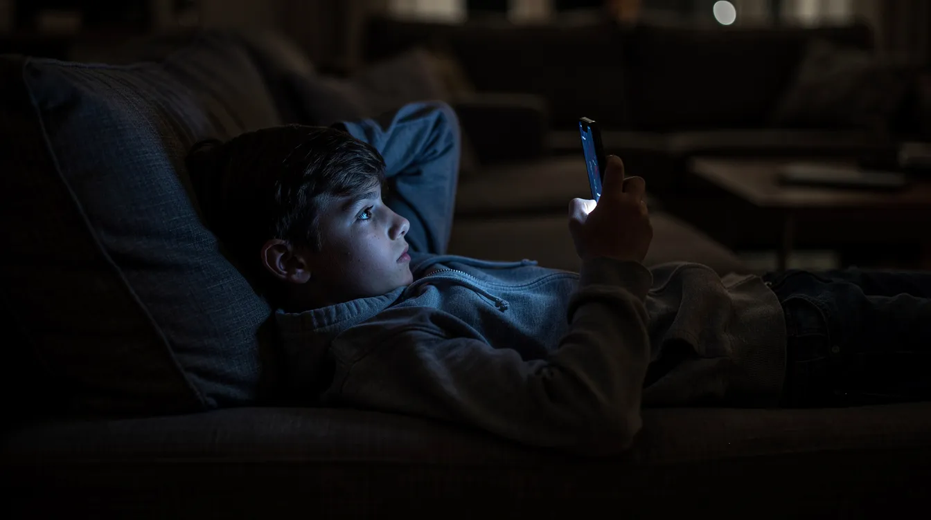 A teenager lies on a couch in a dark living room, illuminated by the bright glow of a smartphone screen, highlighting the potential for screen addiction and its impact on mental health. This scene reflects the increasing screen time among adolescents, raising concerns for parents about the negative consequences of excessive use of electronic devices.
