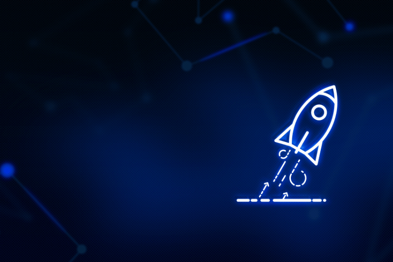 Neon rocket icon on a dark blue background with connection lines, symbolizing startup launch