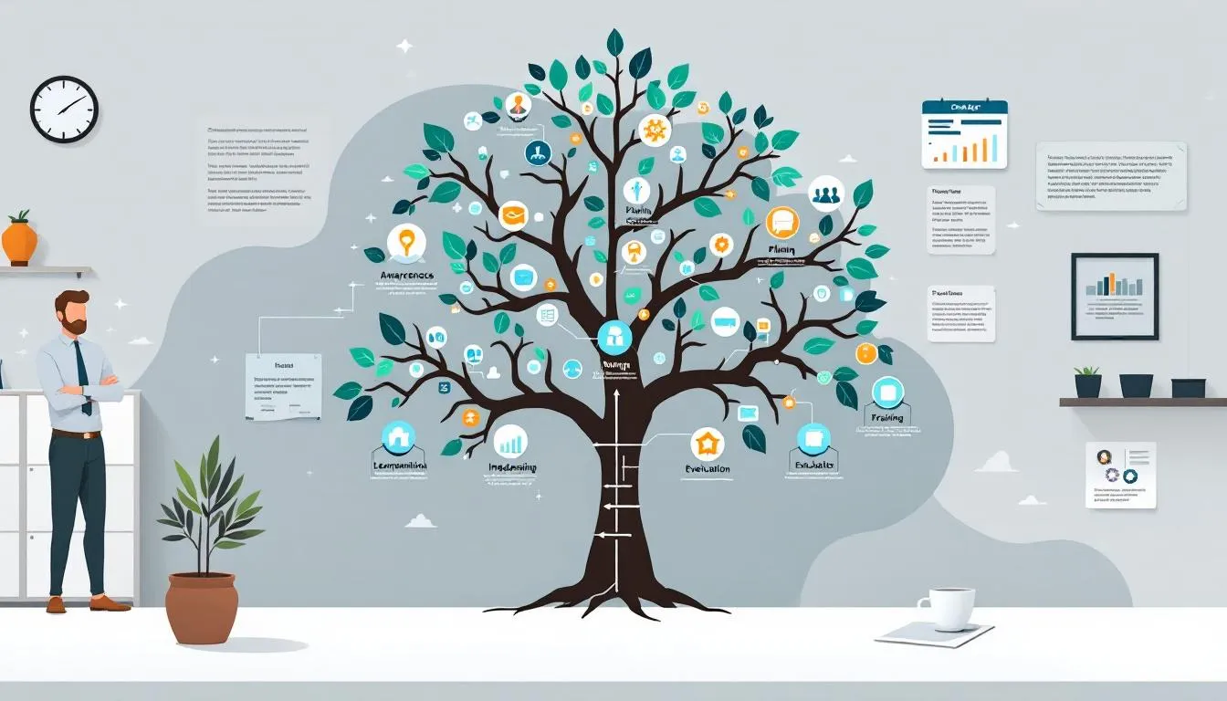 A visual representation of change management principles in a corporate setting.