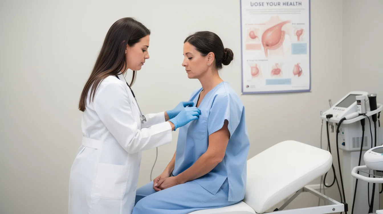 The image depicts a medical professional conducting a clinical breast consultation, examining a patient for potential issues such as inverted nipples or signs of breast cancer. The doctor is discussing treatment options, which may include inverted nipple correction surgery, while ensuring the patient feels comfortable during the examination.