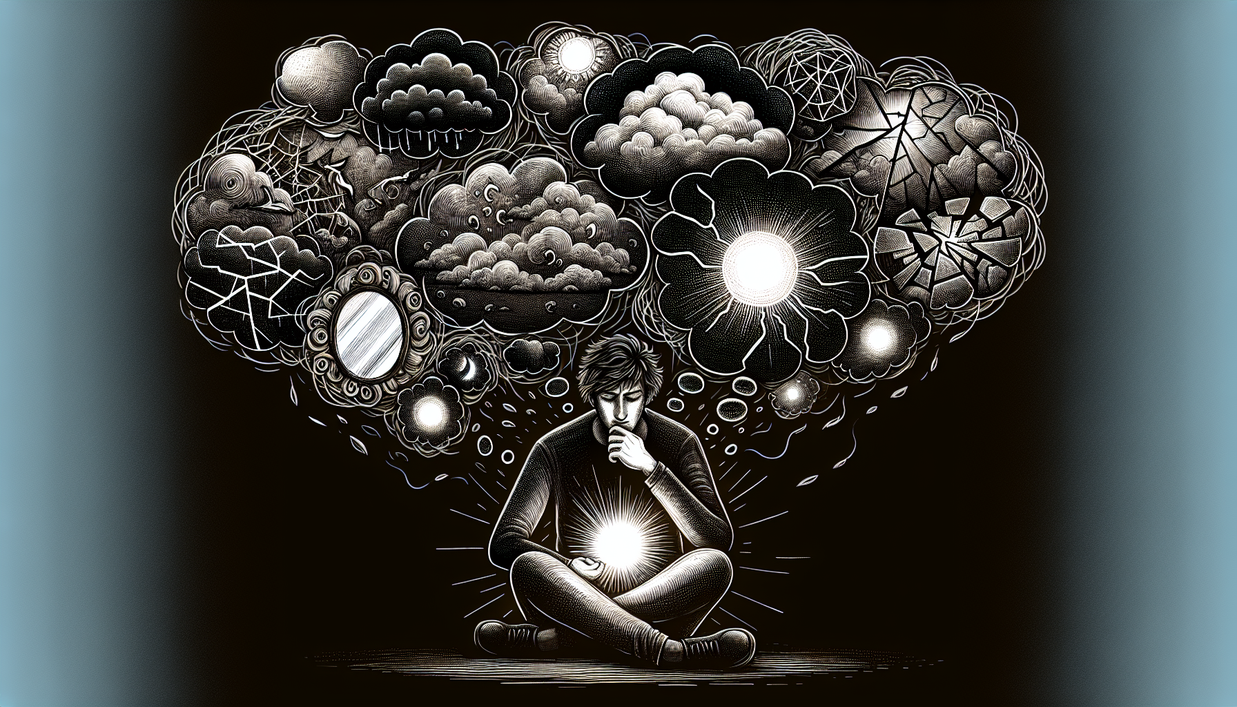 Illustration of a person surrounded by thought bubbles containing self-critical phrases