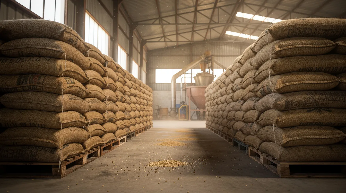 22d3a914 214e 47a0 8a2f 1986ccaaf944 The image shows stacked jute bags filled with wheat grain neatly organized inside a warehouse facility dedicated to flour milling, illustrating the raw materials essential for the flour mill business. This setup highlights the importance of efficient storage and management of wheat grains, which are crucial for the manufacturing process of flour.