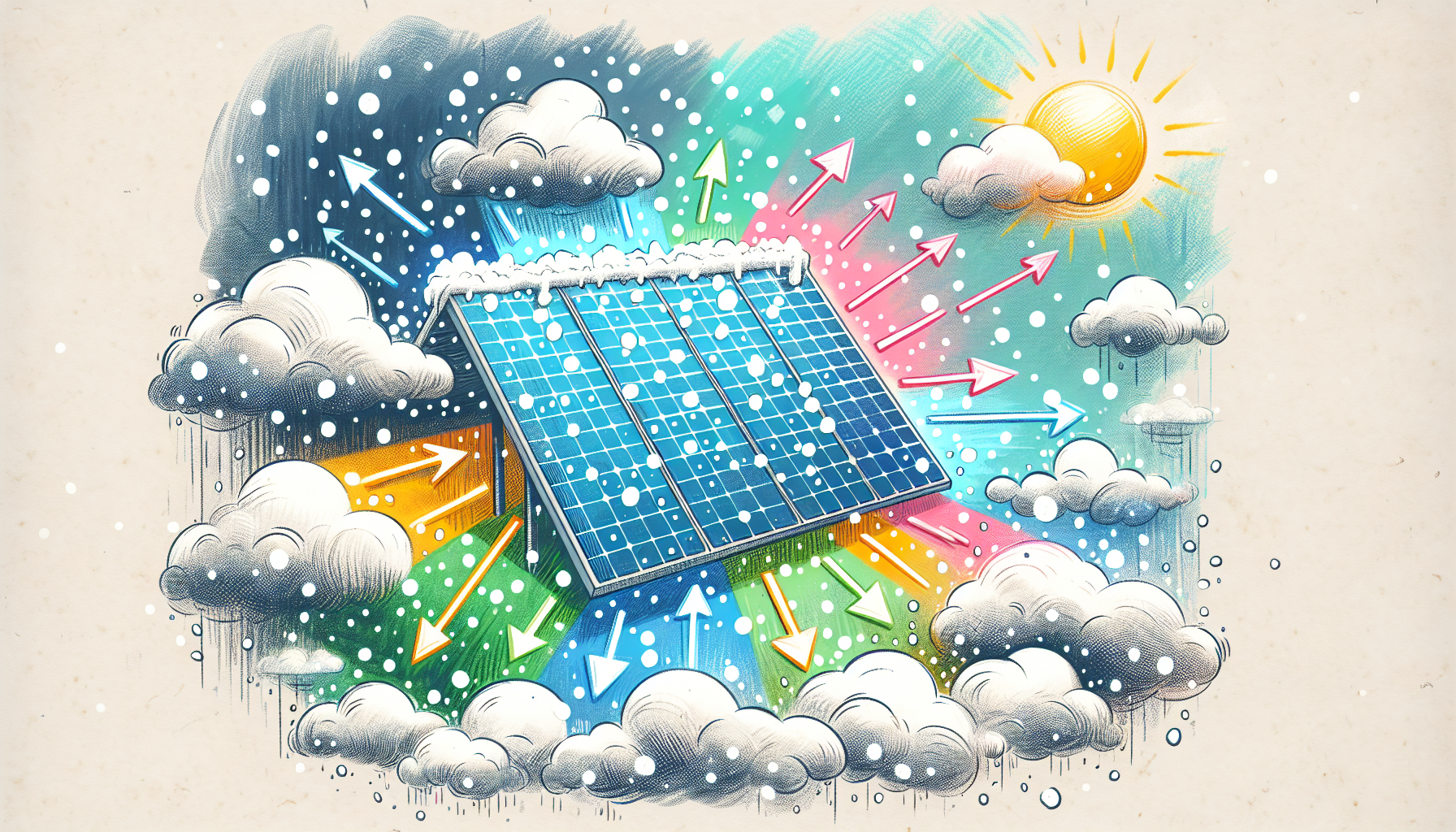 An illustration depicting the impact of winter weather on solar panel efficiency.