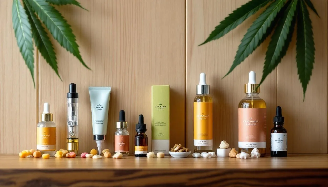 The image features a variety of cannabis products, including vape cartridges, edibles, and tinctures, displayed to highlight different consumption methods and dosing options. These products showcase the diverse ways to experience the effects of cannabinoids derived from the cannabis plant, emphasizing the potential health benefits and psychoactive effects associated with compounds like delta 9 THC and THCP.