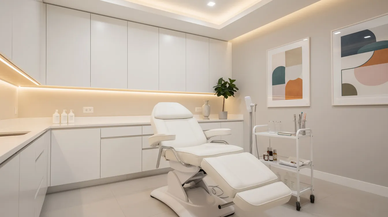 The image depicts a clean and modern medspa treatment room, featuring a comfortable procedure chair and soft, calming lighting, creating a serene environment for cosmetic procedures like the Sculptra butt lift. This inviting space is designed to enhance patient comfort while stimulating collagen production for natural-looking results.