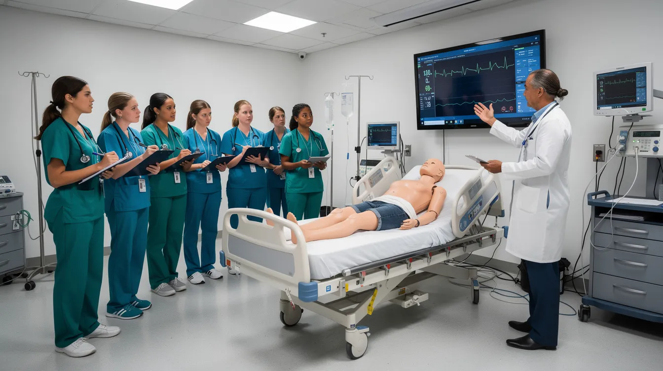 A group of students is observing a clinical training simulation, focused on developing their medical skills and readiness for surgical procedures. This educational experience is designed to provide valuable insights and support for their future professional roles in healthcare.