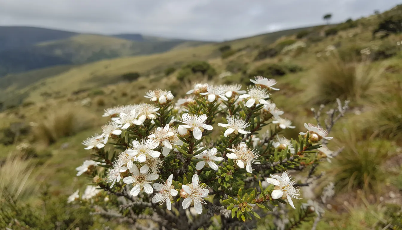 L'image montre des fleurs blanches de Manuka sur un arbrisseau dans un paysage vallonné de Nouvelle-Zélande, évoquant la beauté naturelle de cette région. Ces fleurs sont liées à la production du miel de Manuka, reconnu pour ses propriétés bénéfiques pour le système immunitaire et la santé.