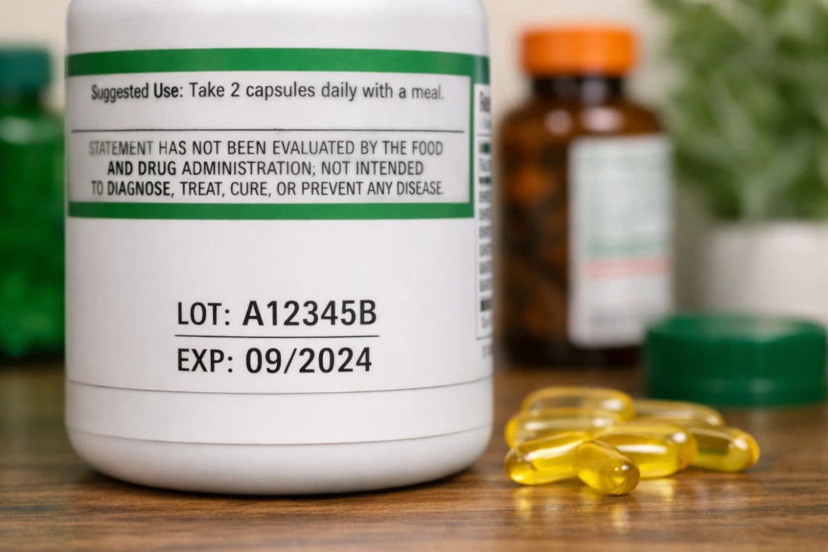 Supplement bottle showing "LOT: A12345B" and "EXP: 09/2024", with several yellow capsules scattered in the foreground and other bottles blurred in the background.