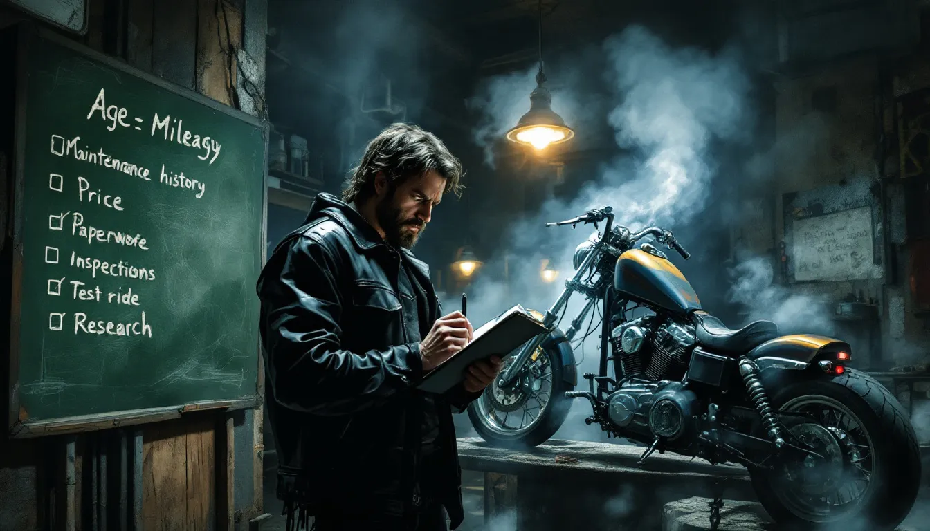 A checklist of key factors to consider when shopping for used motorcycles, with a bike in the background.