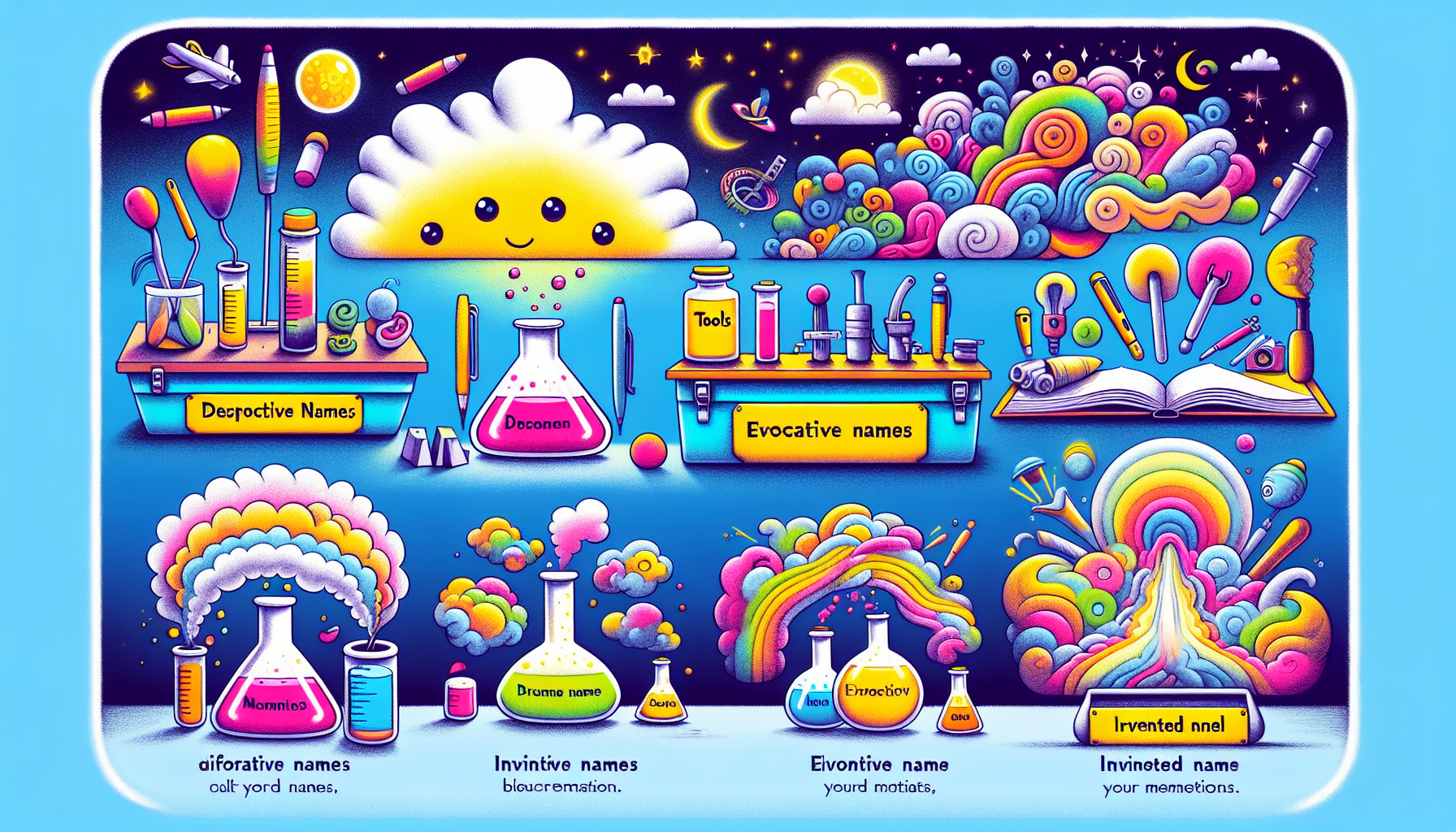 An artistic representation of different types of brand names.